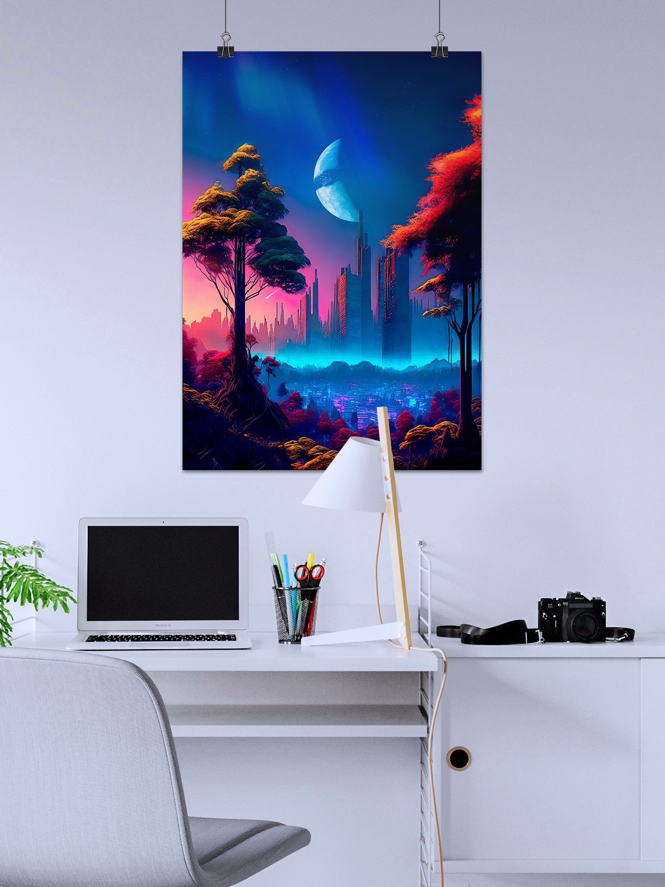Neon cyberpunk city in a forest (Star Wars/Blade Runner style) — surreal space collage art, futuristic sci-fi collage product image (2)