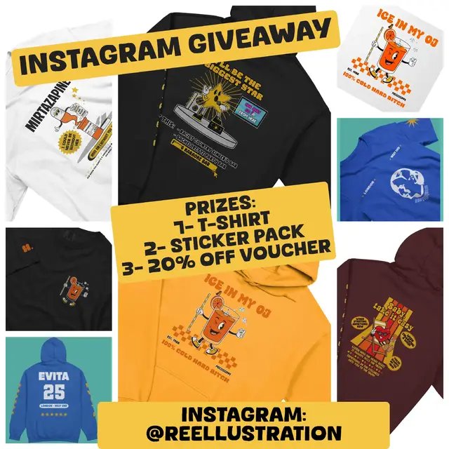 🎉 To celebrate launching my shop, I'm hosting a GIVEAWAY!  Prizes: 1st Prize: A t-shirt of your choice 2nd Prize: A sticker pack of your choice  3rd Prize: 20% off voucher  To enter: 👉 GO TO MY INSTAGRAM @REELLUSTRATION AND FIND THIS POST ON THERE 💛🧡#HayleyWilliams #EDAABP #RachelZegler #Evita #Paramore  Giveaway ends 3rd October! OPEN WORLDWIDE! 
