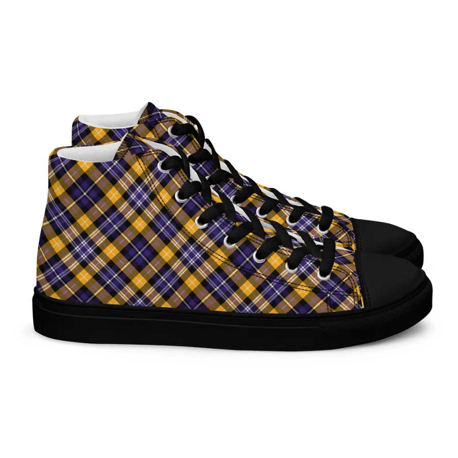 Purple and Yellow Gold Sporty Plaid Men's High Top Shoes product image (3)