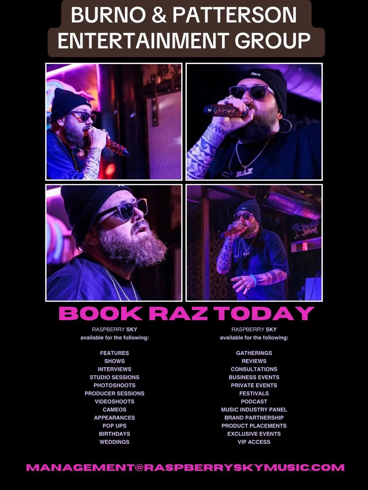 If you’re a brand, a label, a tour booker, business, person or creative that believes in authenticity, emotion, and impact, then you’re not just booking an artist — you’re booking a movement. 🎤 Now booking: 	•	Live performances (venues, festivals, private shows) 	•	Brand collaborations (fashion, grooming, lifestyle) 	•	Social campaigns (TikTok, Instagram) 	•	Sync/licensing opportunities 	•	Speaking or creative panels Let’s create something unforgettable. 📩 DM or email management@raspberryskymusic.com 📬 ATTN: Sony @  (BURNO PATTERSON ENTERTAINMENT GROUP) 🎧 @raspberryskymusic | @raspberryskyofficial #BookRaspberrySky #RaspberrySky #ArtistWithPurpose #LiveMusicBookings #BrandCollabReady #FromGriefToGreatness #LegacyArtist #IndependentArtist #RealMusicRealStories #CarrieHisName #GermanyToGlobal #Razbaes #MusicThatHeals #BlackCreativeVoices #AuthenticArtistry