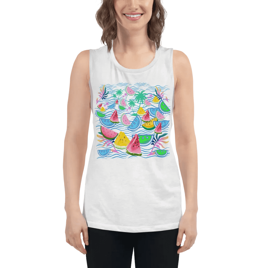 Ladies flowy muscle tank with fun tropical watermelon design for holiday vibe in summery colors product image (5)