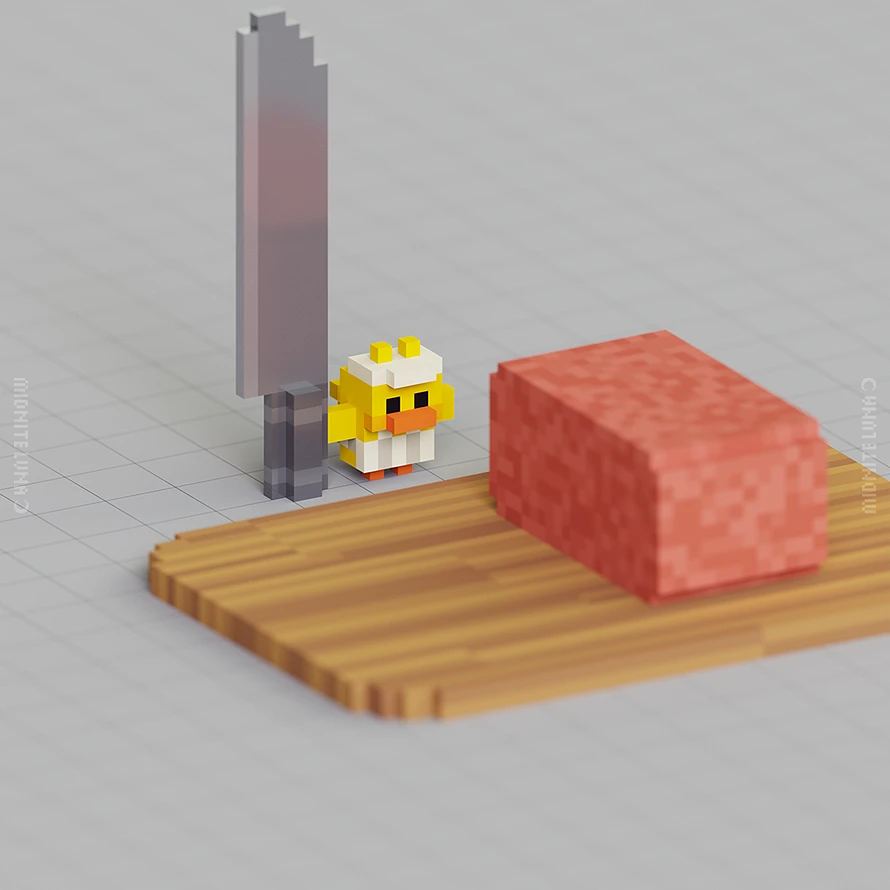 small yellow duck holding a huge knife and a block of ham on a wooden board