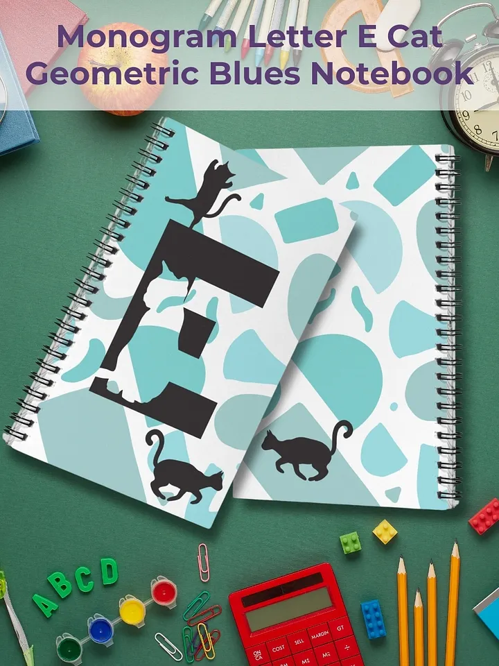 Monogram Letter E Cat Lover Geometric Blues Notebook product image (1)