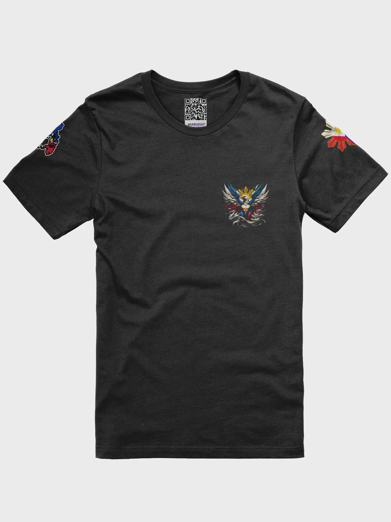 Philippine Pride BLACK Tee: National Bird Eagle Emblem, Map & Sun Flag Sleeve Patch product image (1)