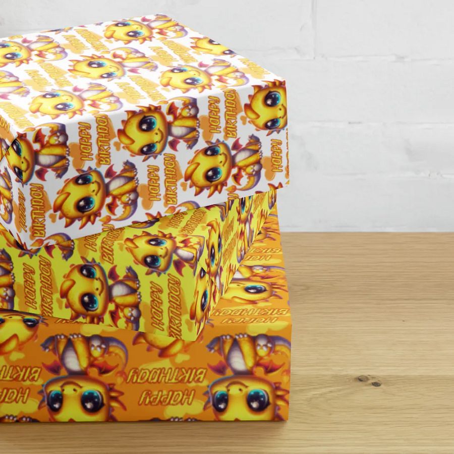 Happy Birthday Baby Dragon Gift Wrapping Paper 3 Sheet Set #1 Yellow Baby Dragon product image (2)