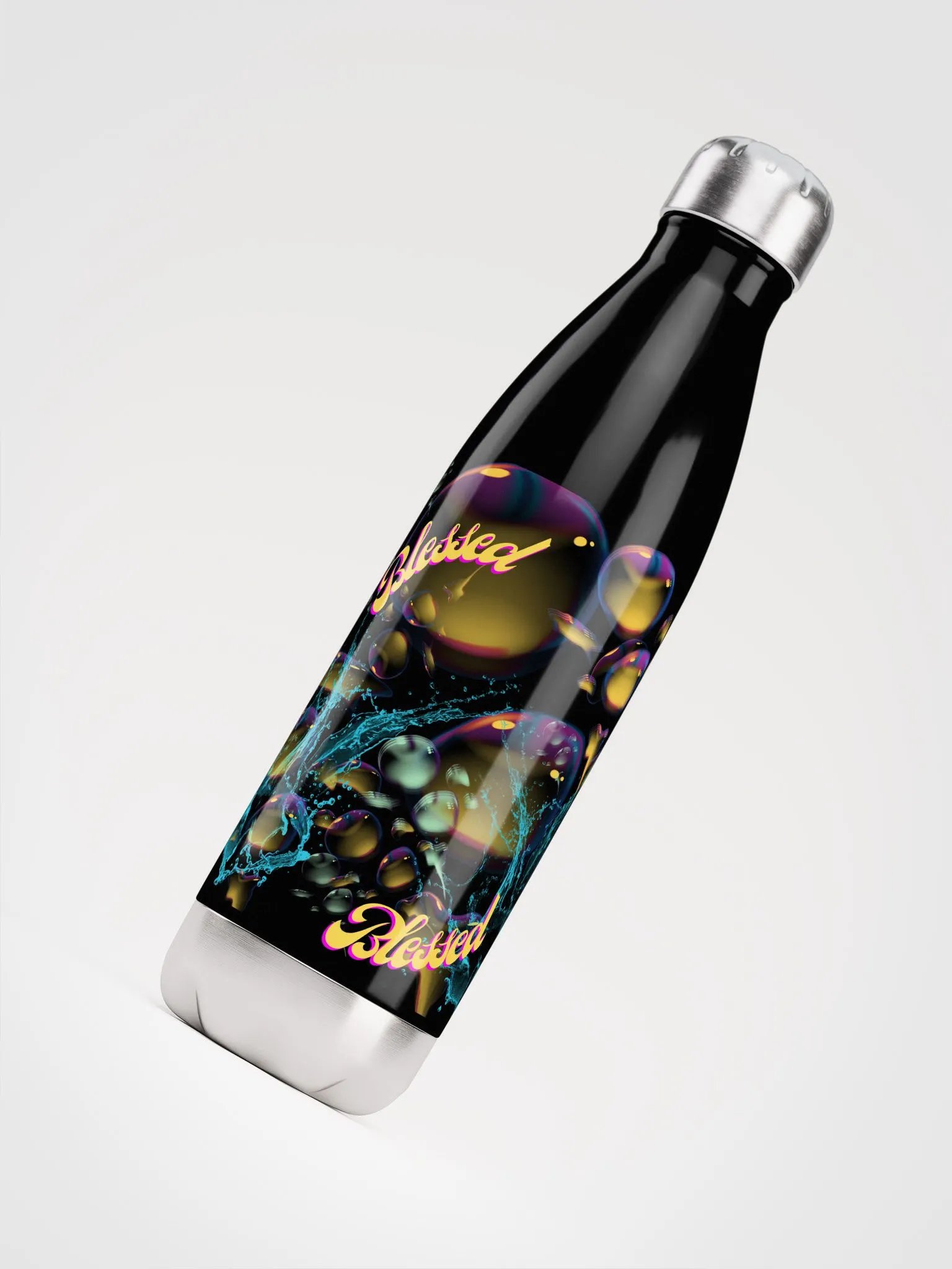water bottle with beautiful swirly blue water splash and drops design featuring “Blessed’ product image (4)