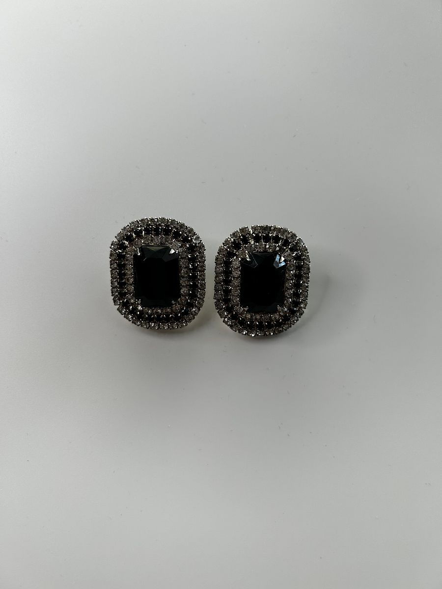 Vintage Silver Tone Crystal Black Clear Rhinestones Clip On Earrings product image (2)