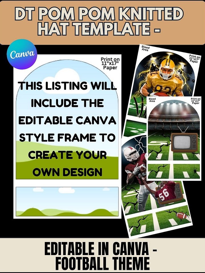 DT Pom Pom Knitted Cap Templates - Football Theme - Editable Blank Canva Frame product image (2)