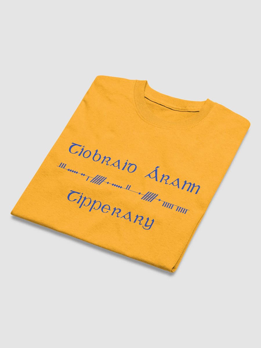 Tipperary/Tiobraid Árann Scholastic style Ogham, gold with blue, printed T-shirt product image (3)