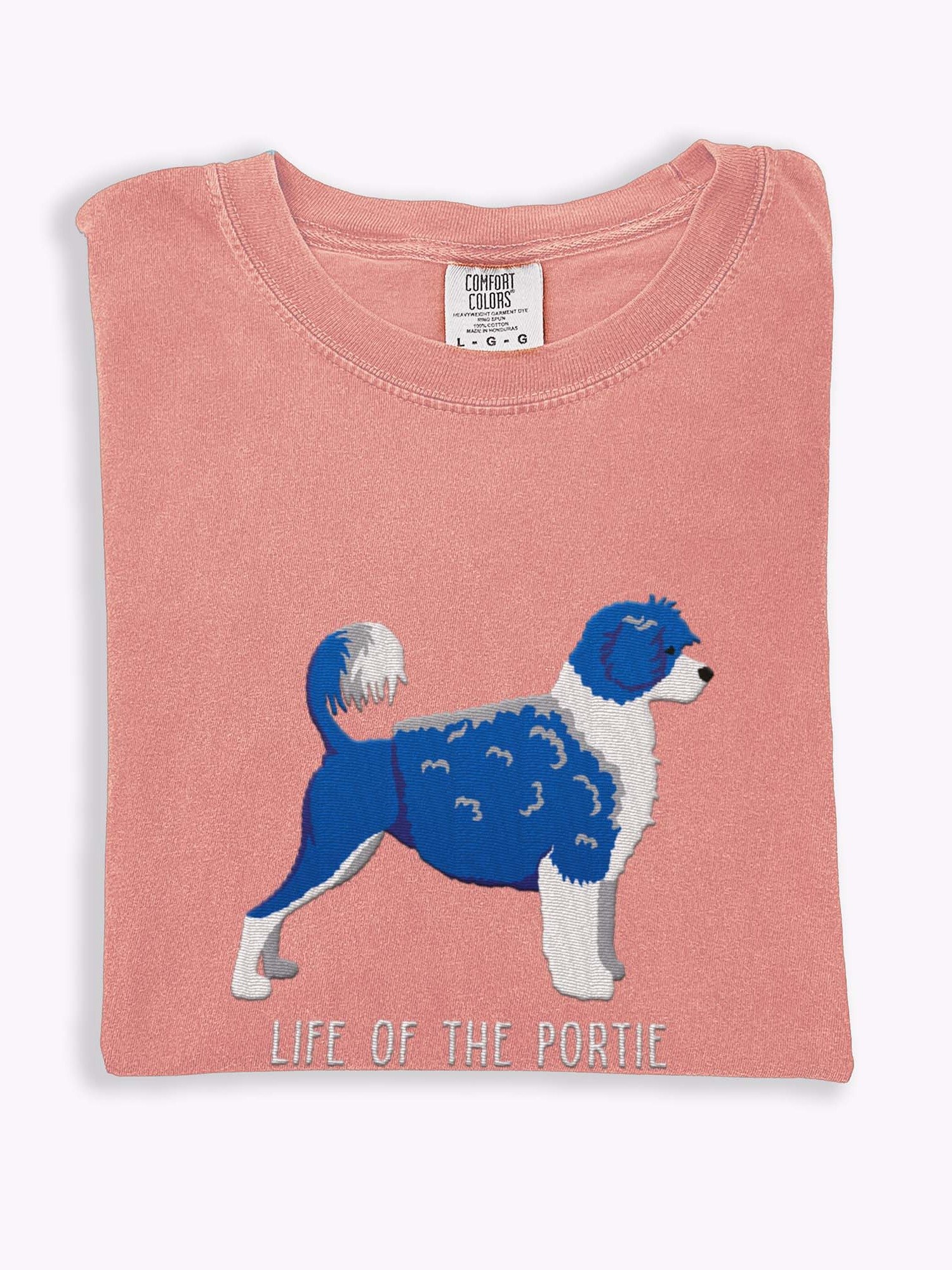 Life of the Portie T-Shirt(Embroidered) of a Portuguese Water Dog(Blue & White) product image (1)