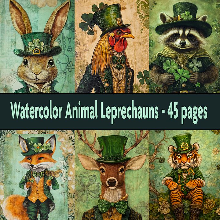 St. Patrick's Day Watercolor Animal Leprechauns Digital Paper Pages, Scrapbook, Junk Journal, printable images product image (1)