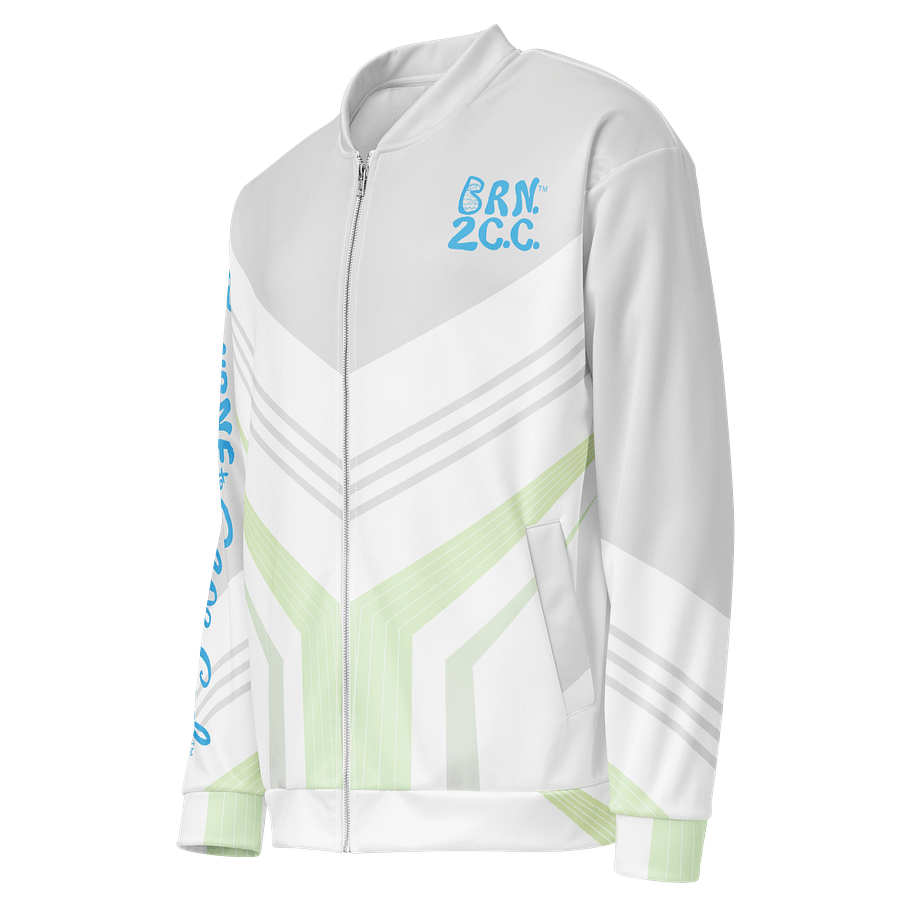 All-Over Print Bomber Jacket | Coastal Cool, City Bold | BOURNE to Cape Cod™ + BRN.2C.C.™ Style | Deep Sky Blue Logos on Preppy Geometrics product image (3)