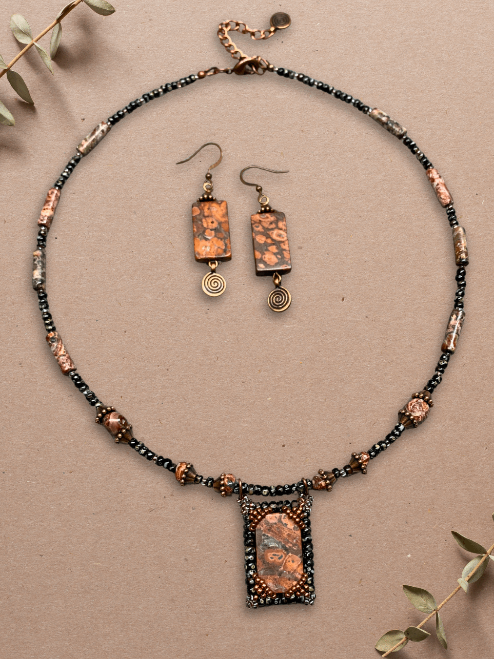 Leopard Print Jasper Red/Black Beaded Pendant Necklace and Earrings product image (2)