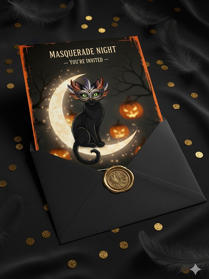 Halloween Masquerade Invitation, Black Cat Party Invite, Masquerade Night Card, Printable Halloween Invite, Elegant Masquerade Party product image (2)