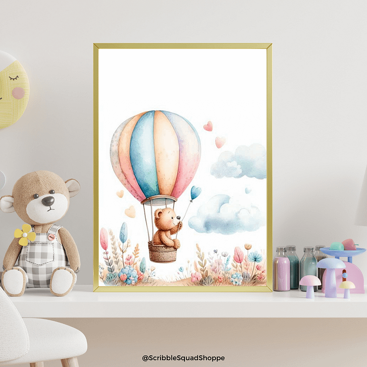 Whimsical Hot Air Balloon Teddy Bear Digital Wall Art - Nursery Decor, Playful Kids' Room Artwork product image (2)