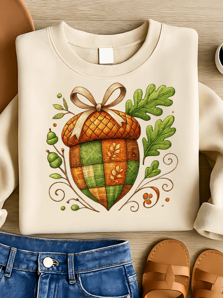 Embroidered Patchwork Acorn Autumn Sublimation PNG – Cozy Fall Acorn Clipart for T-Shirts – Rustic & Textured Design – 300 DPI Instant Digital Download product image (1)
