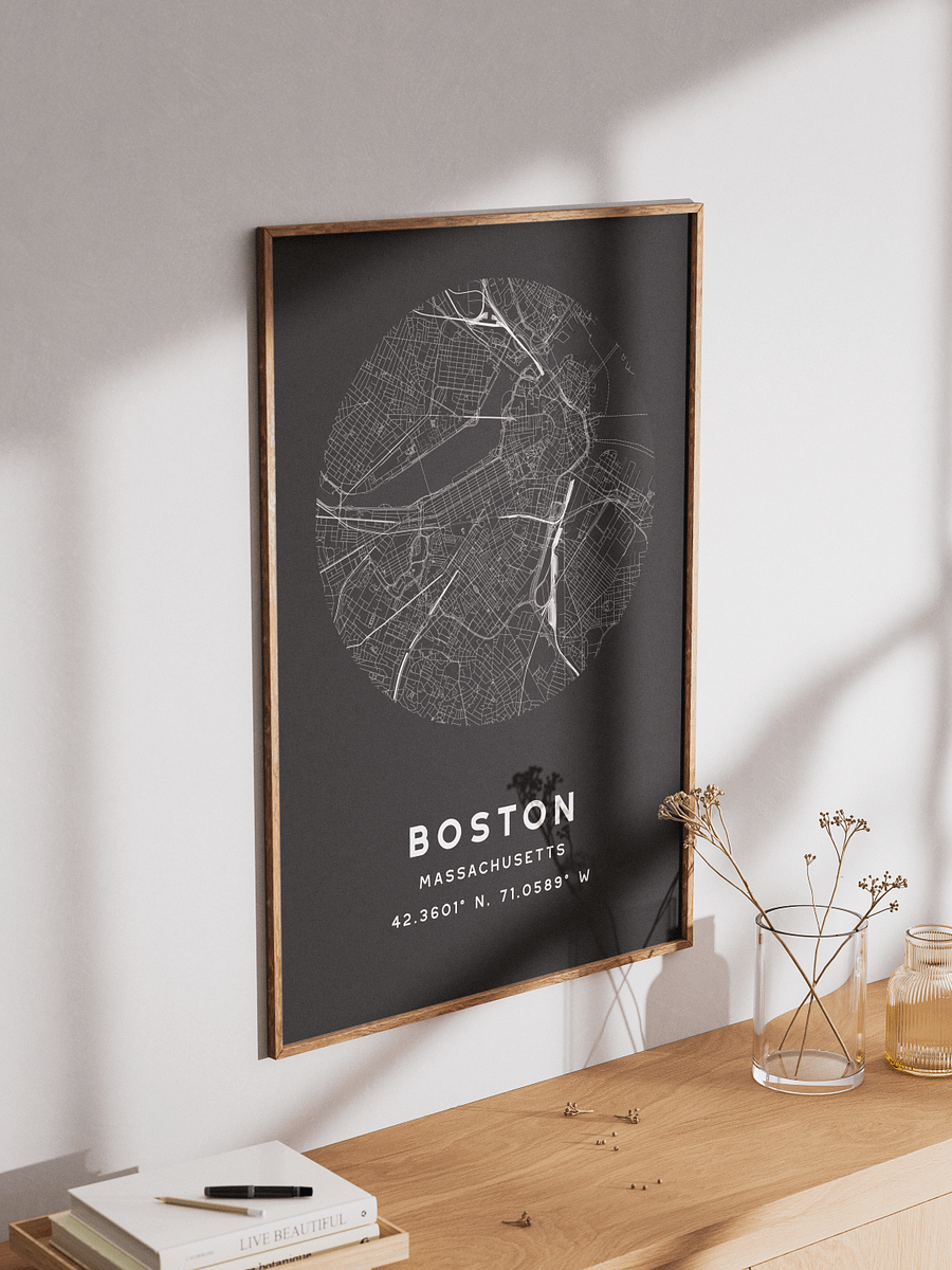 Boston Street Map Poster – Black Minimalist Circular City Art product image (3)