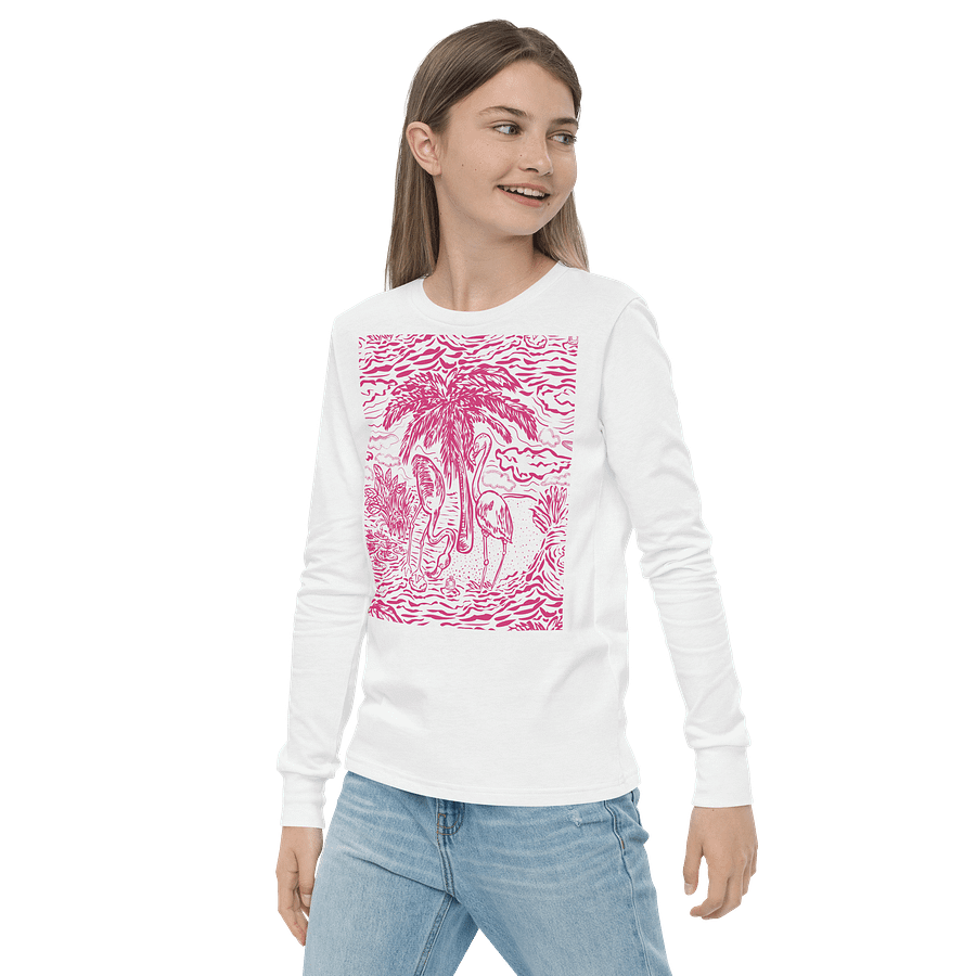 Girls’ | Youth Long Sleeve Tee | DTG Vintage Print | Flamingo Fancy Toile Design | Bright Pink on White |Monique Faella Designs™ | Tropical Whimsy with Coastal Charm product image (3)