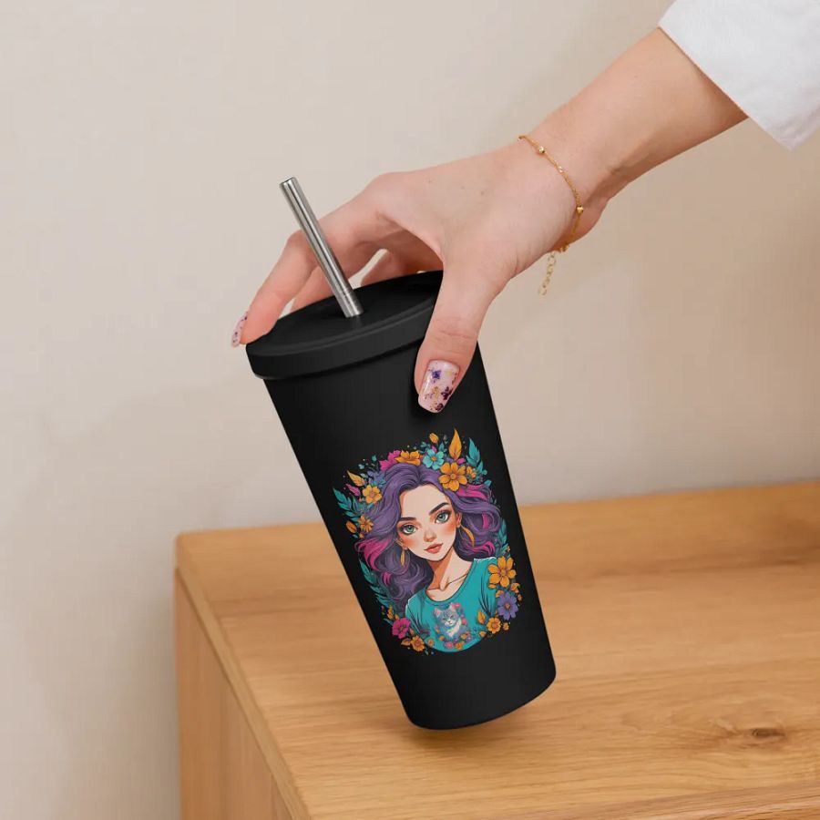 Bloomcore Flower Girl 20 oz Tumbler Cup - Black - Insulated Tumbler with a Straw - v2 product image (6)