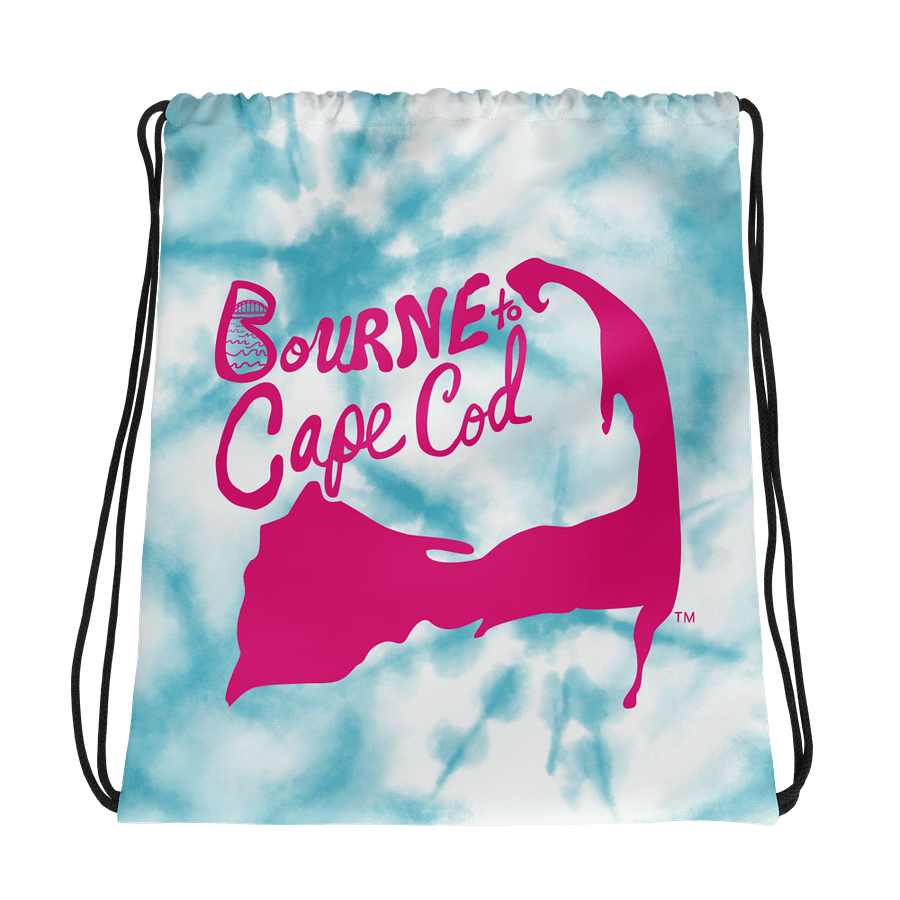 BOURNE to Cape Cod™ | Drawstring Bag | Beach-to-Gym Grab & Go | Coastal Vibe Sackpack Essential | Pink Logo on Blue Tie-Dye product image (1)