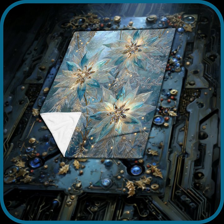 Winter Poinsettia Fleece Throw Blanket | Icy Blue & Gold Botanical Decor product image (1)