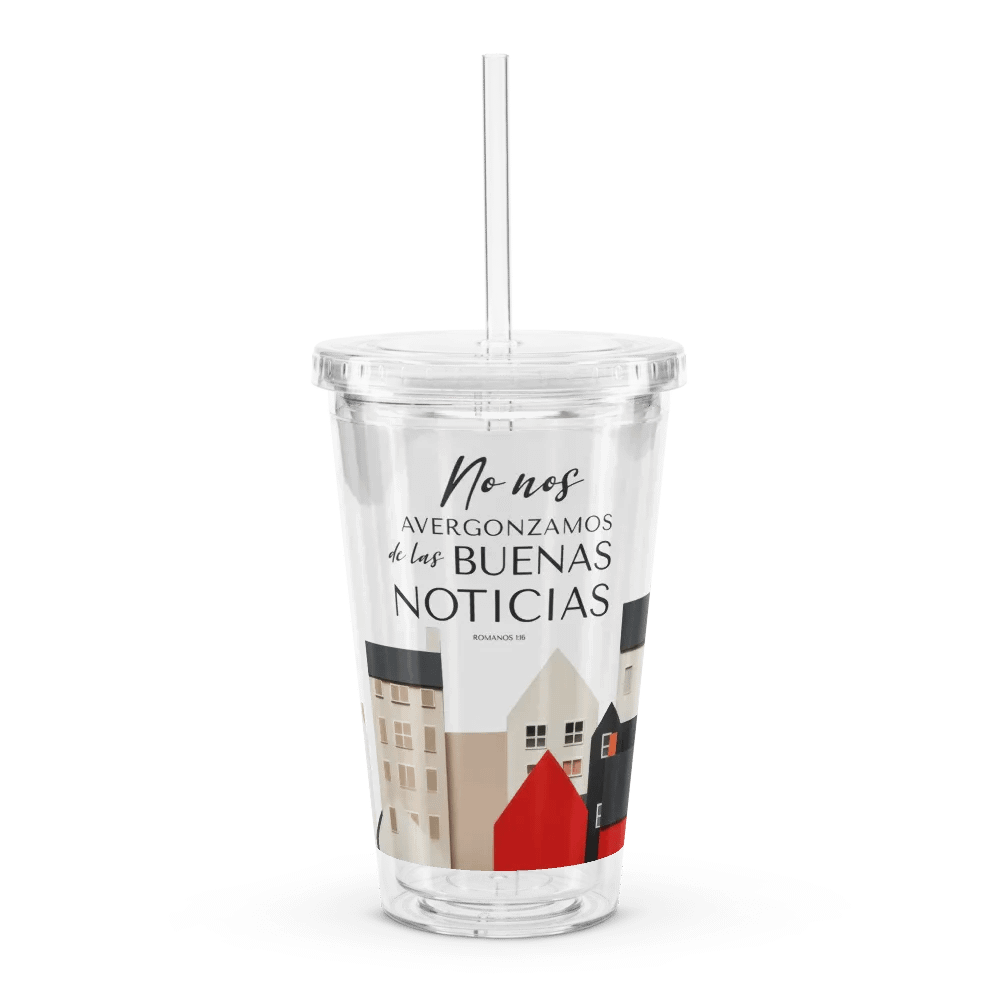 'No Nos Avergonzamos de las Buenas Noticias' Whimsical Town Spanish Tumbler product image (1)