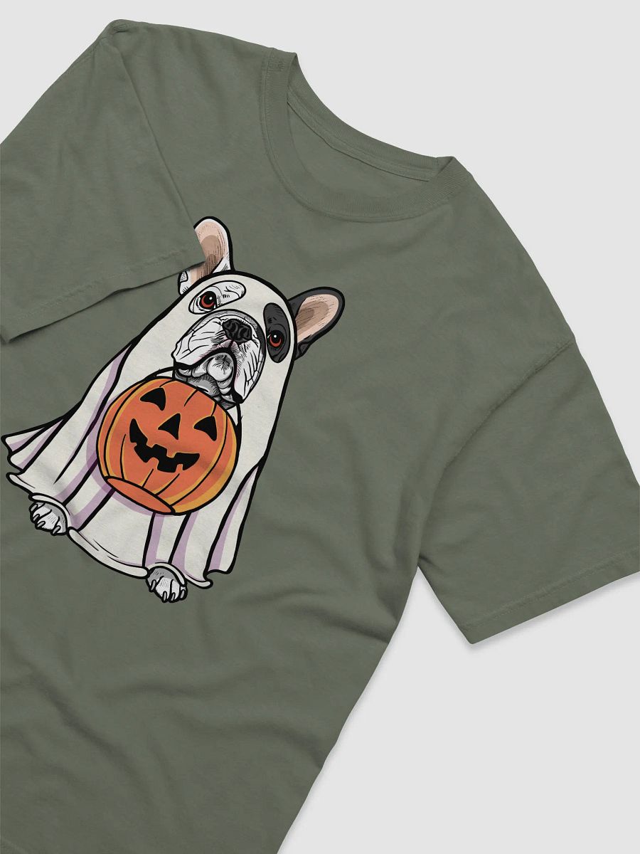 Funny Halloween French Bulldog(Pied) T-Shirt | Funny Frenchie Wearing a Ghost Costume and Holding a Pumpkin Basket product image (10)