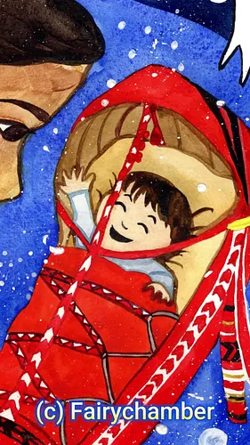 Goddess Sarahkka, the sacred Sámi protector of women and childbirth, is portrayed holding a baby cradled in a traditional kom...