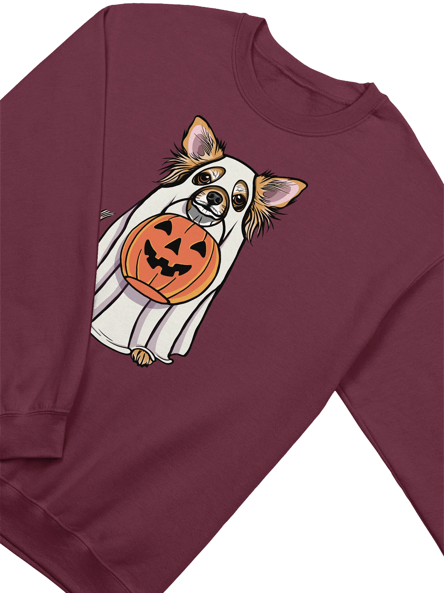 Funny Halloween Longhaired Chihuahua Sweatshirt | Funny Chihuahua Wearing a Ghost Costume and Holding a Pumpkin Basket product image (13)
