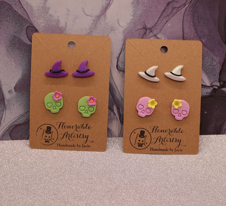 Witchy Skull Stud Earrings - Polymer Clay product image (1)