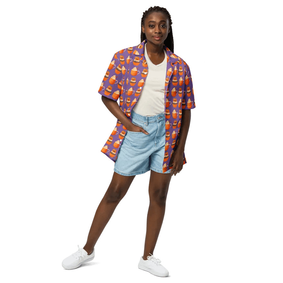 Halloween tea party pumpkin cupcake pumpkin spice latte Unisex Hawaiian Button Shirt product image (3)
