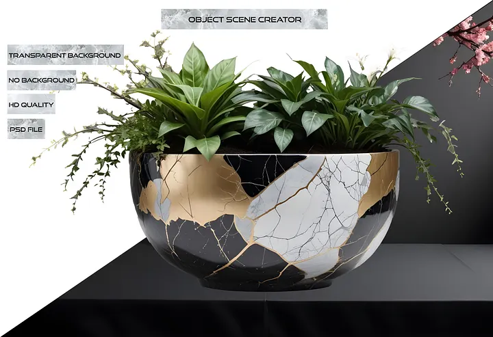 Kintsugi Elegance – Black and Gold Decorative Planter PNG product image (2)