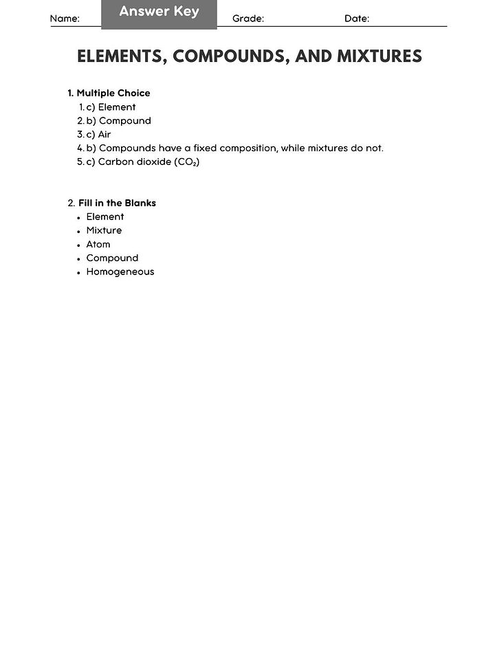 Elements Compounds and Mixtures Worksheet product image (2)
