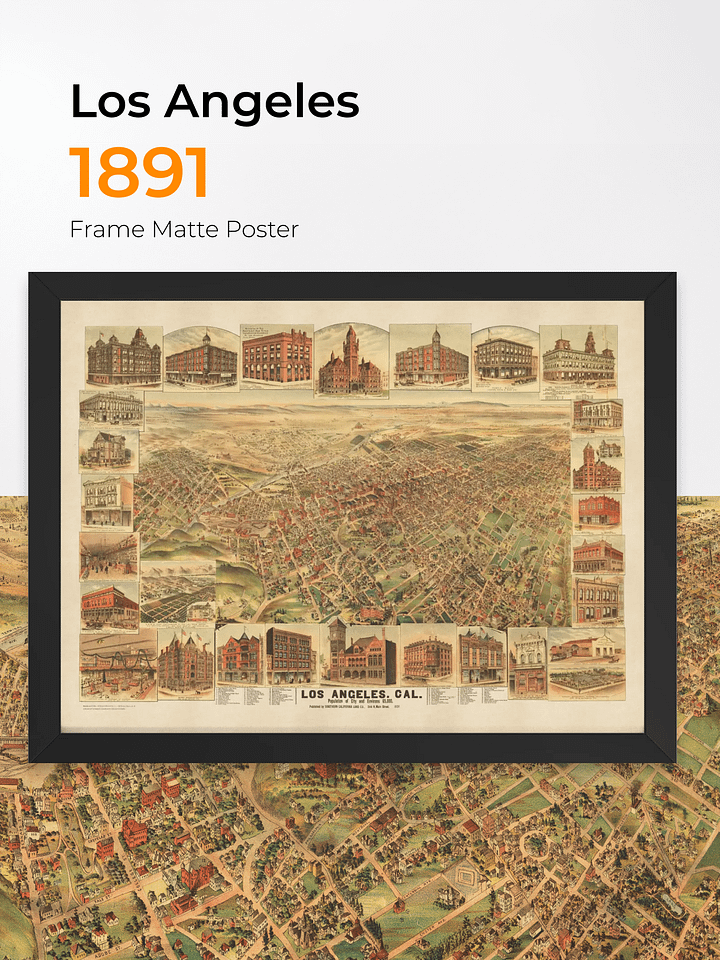 Los Angeles 1891 Framed Poster – Hand-Drawn Historic City Map Print product image (1)