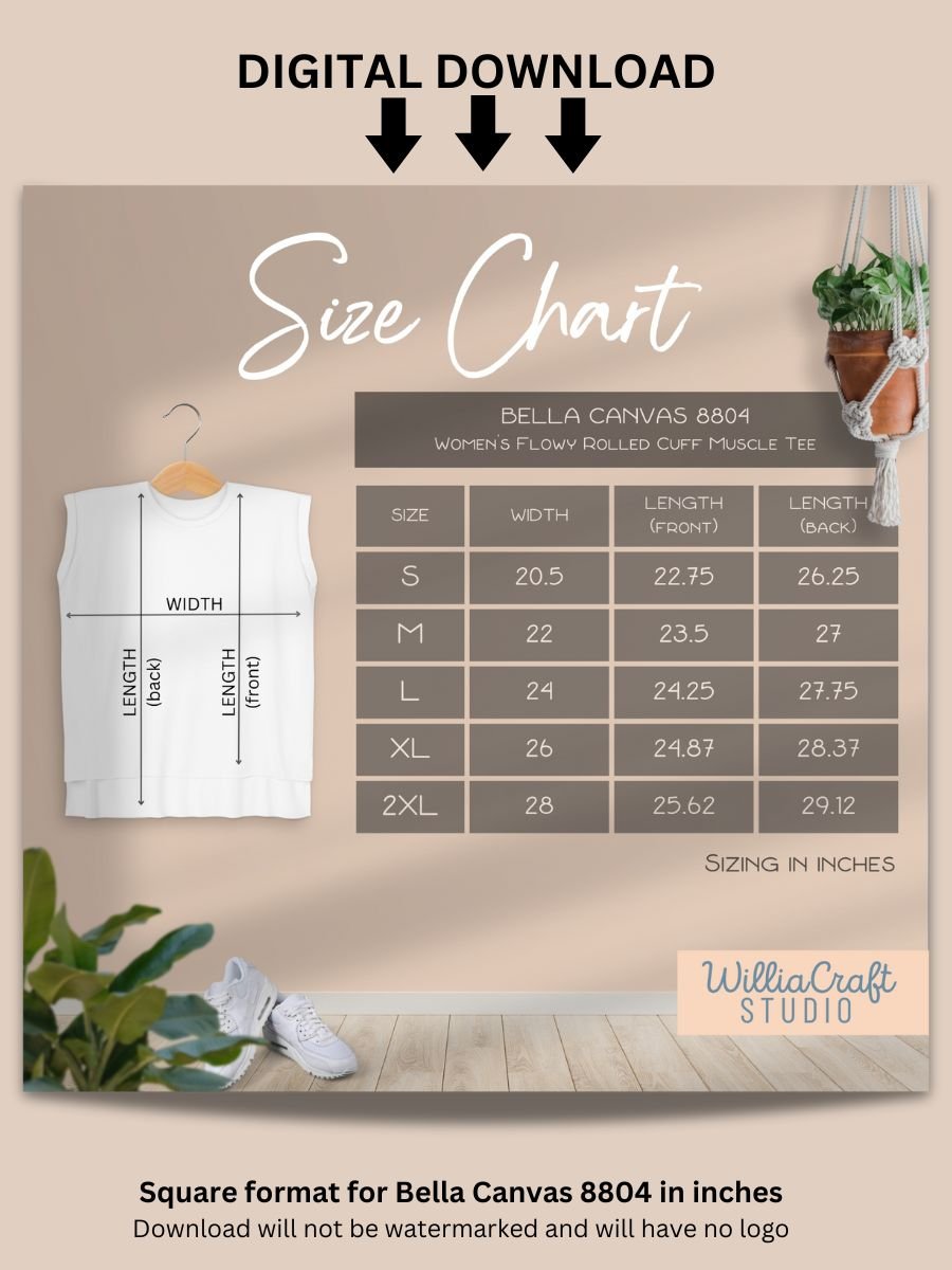 Size Chart for Bella Canvas 8804 (Flowy rolled cuff Muscle Tee for women) - Digital Download product image (1)