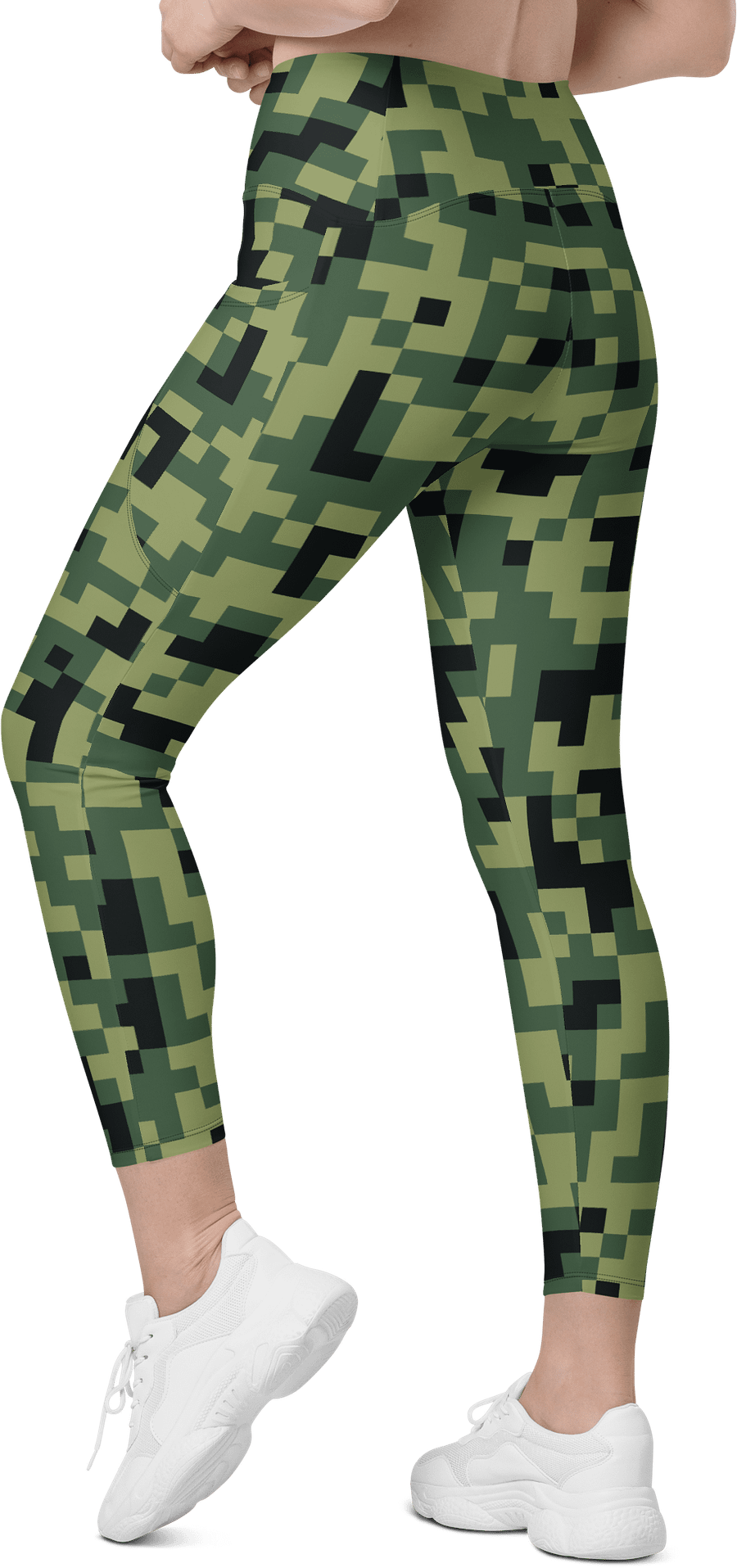 Military Green Camouflage Pixels Camo Pattern Crossover Leggings with Pockets product image (5)