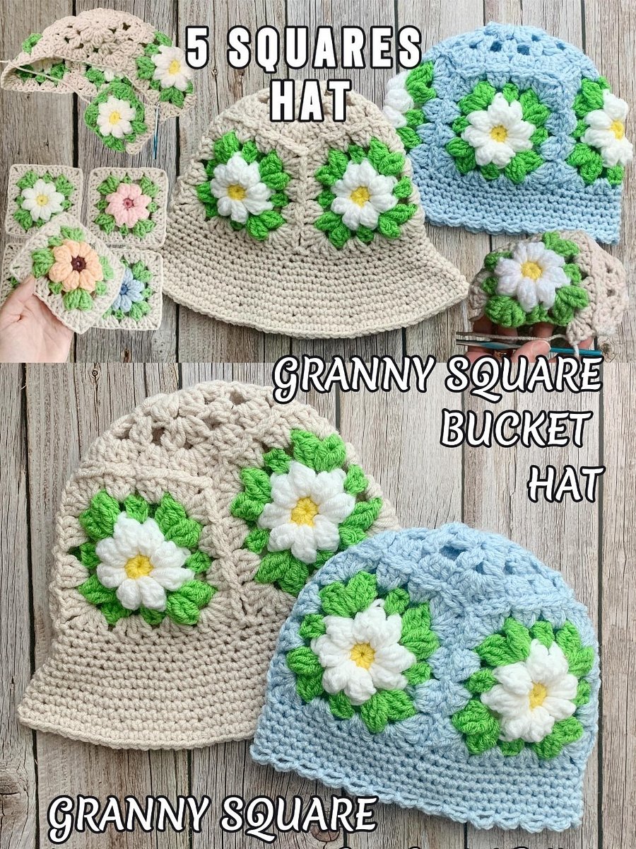 Granny Square Hat Crochet Pattern and VIDEO Sun Hat Beanie Bucket Hat With Brim product image (8)