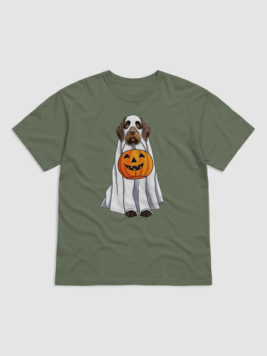 German Wirehaired Pointer Halloween Tee | Funny Halloween GWP Wearing a Ghost Costume with Pumpkin Basket product image (2)