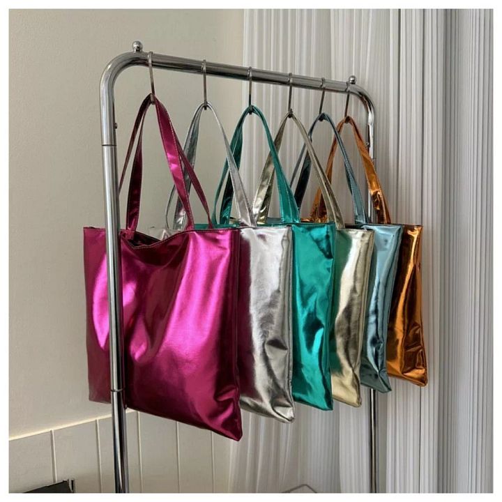 Solid Color Shiny Casual Handbags PU Shoulder Bag 2023 Glossy Tote Bags product image (1)