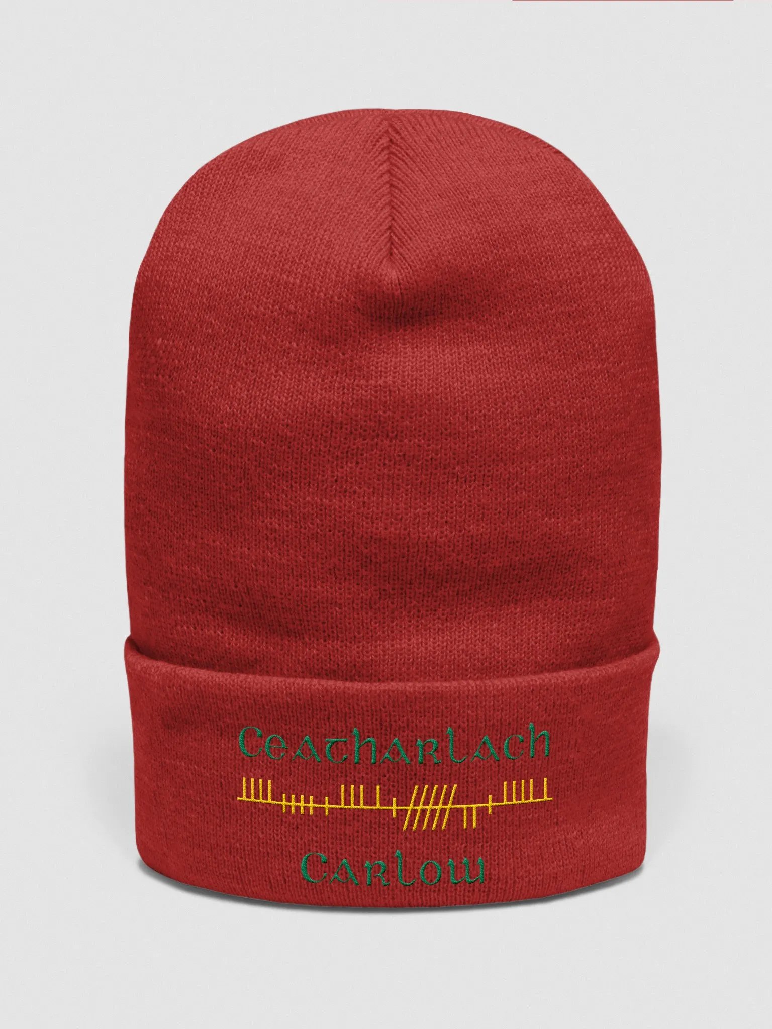 Carlow/Ceatharlach, Red with Green and Gold, Orthodox Style Ogham embroidered Cuffed Beanie product image (1)