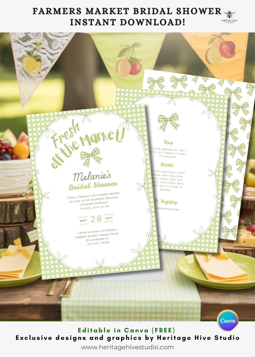 Fresh off The Market - Farmers Bridal Shower Invitations | Instant Download | Bows Lime Gingham product image (1)