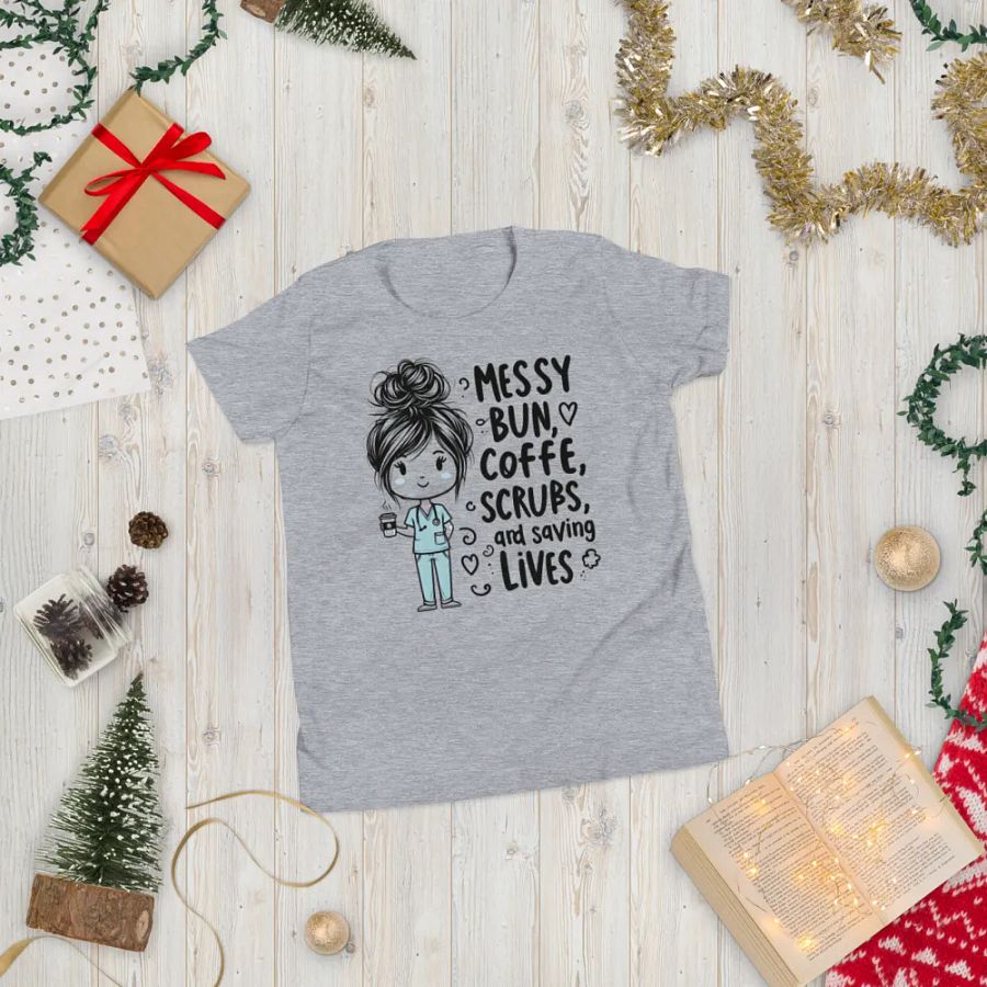Messy Bun, Coffee, Scrubs, and Saving Lives Youth T-Shirt product image (64)