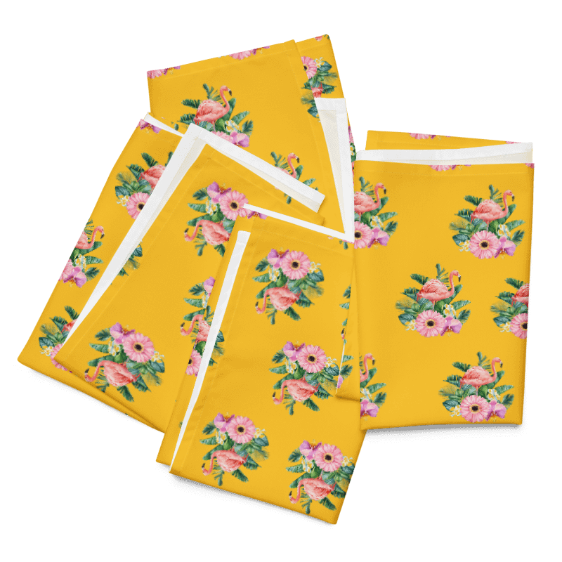 TROPICAL FLAMINGO & FLORAL CLOTH NAPKINS (SET OF 4) – 20"X20", SOFT BROADCLOTH, GOLDEN YELLOW BACKGROUND, VIBRANT BOTANICAL PRINT product image (3)
