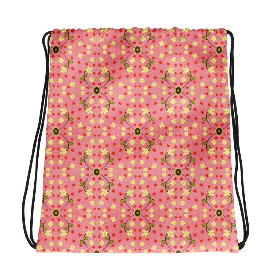 Hearts and Flowers Pink drawstring bag product image (1)