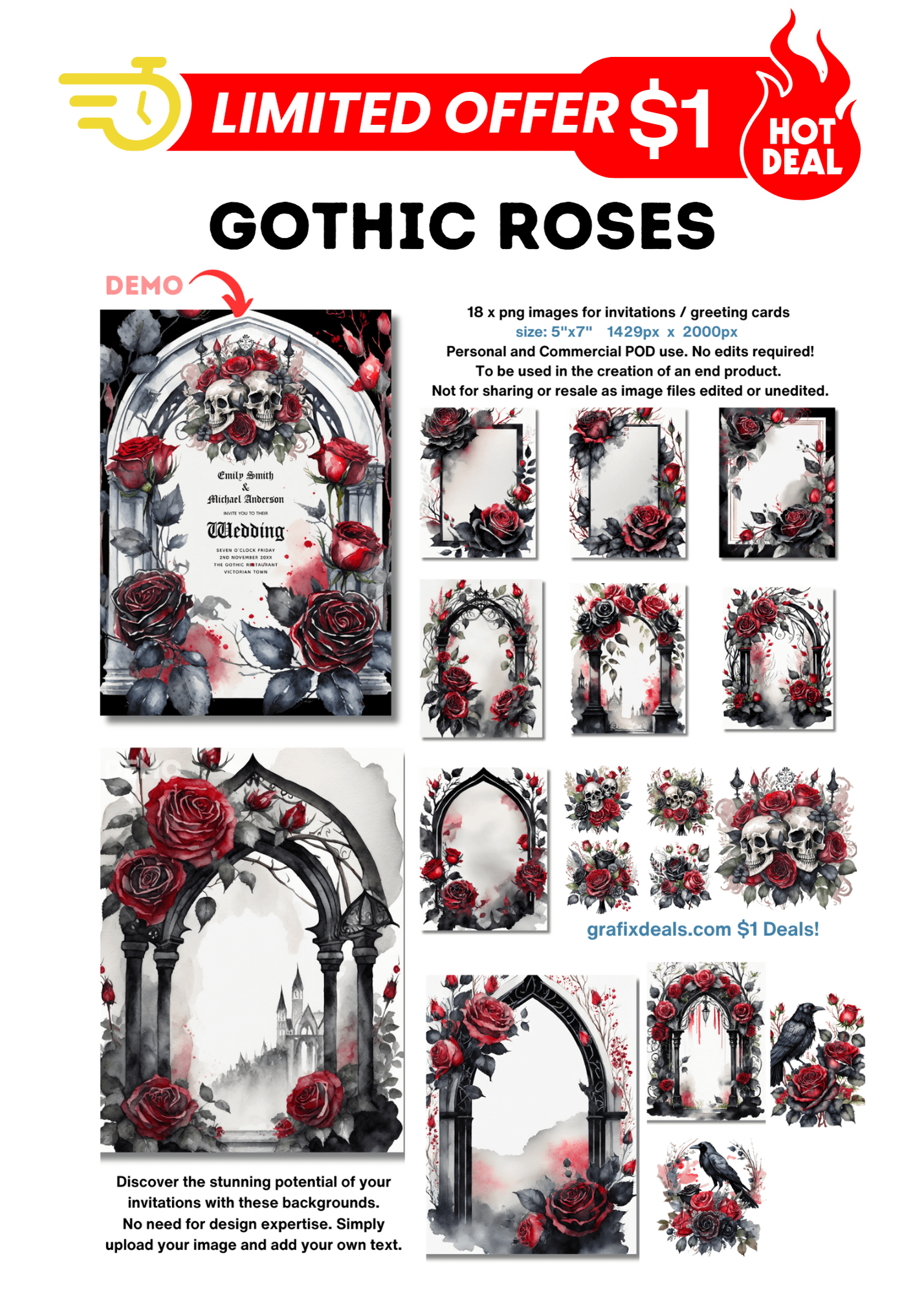 Gothic Red Black Rose Invitation Backgrounds Bundle product image (1)
