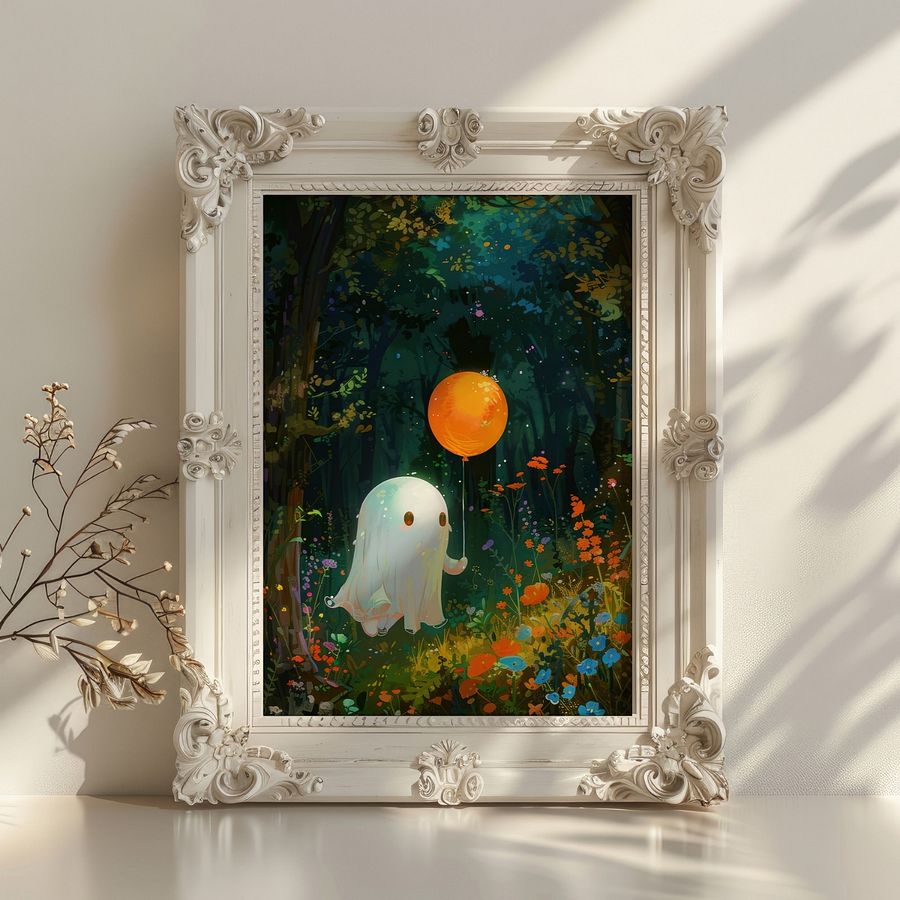 Cute Ghost with a Balloon Whimsical Halloween Art Print product image (4)