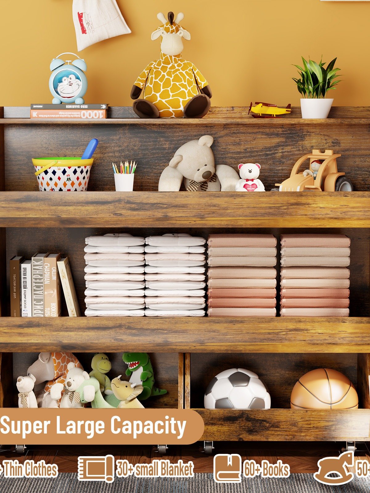 3-Tier Portable Toy Storage, Kids Toy Organizer W/2 Removable Bins with 4 Wheels（Brown) product image (6)