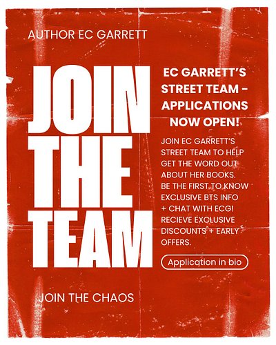JOIN. THE. CHAOS. 
I'm officially opening up my street team applications again! Full details on the google form, but if you w...