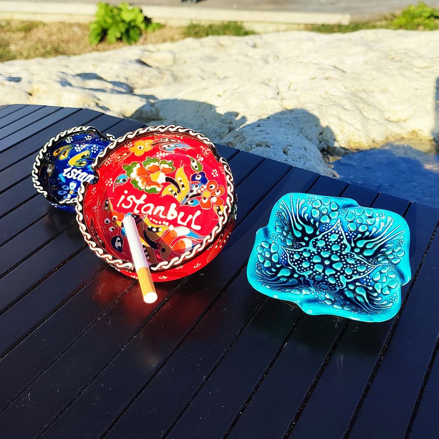 Ceramic turquoise ashtray, square - Turkish Iznik Style Decor, 10 cm — handmade pottery product image (4)