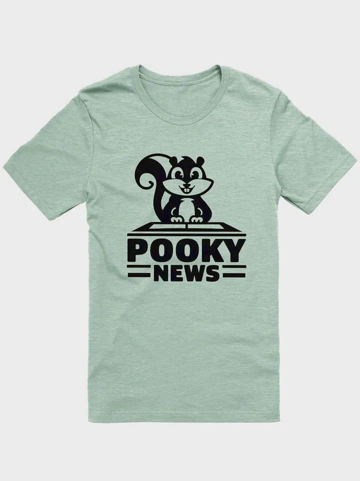 Super Soft and Flattering Tee: Stencil Pooky News, black, at a desk product image (1)